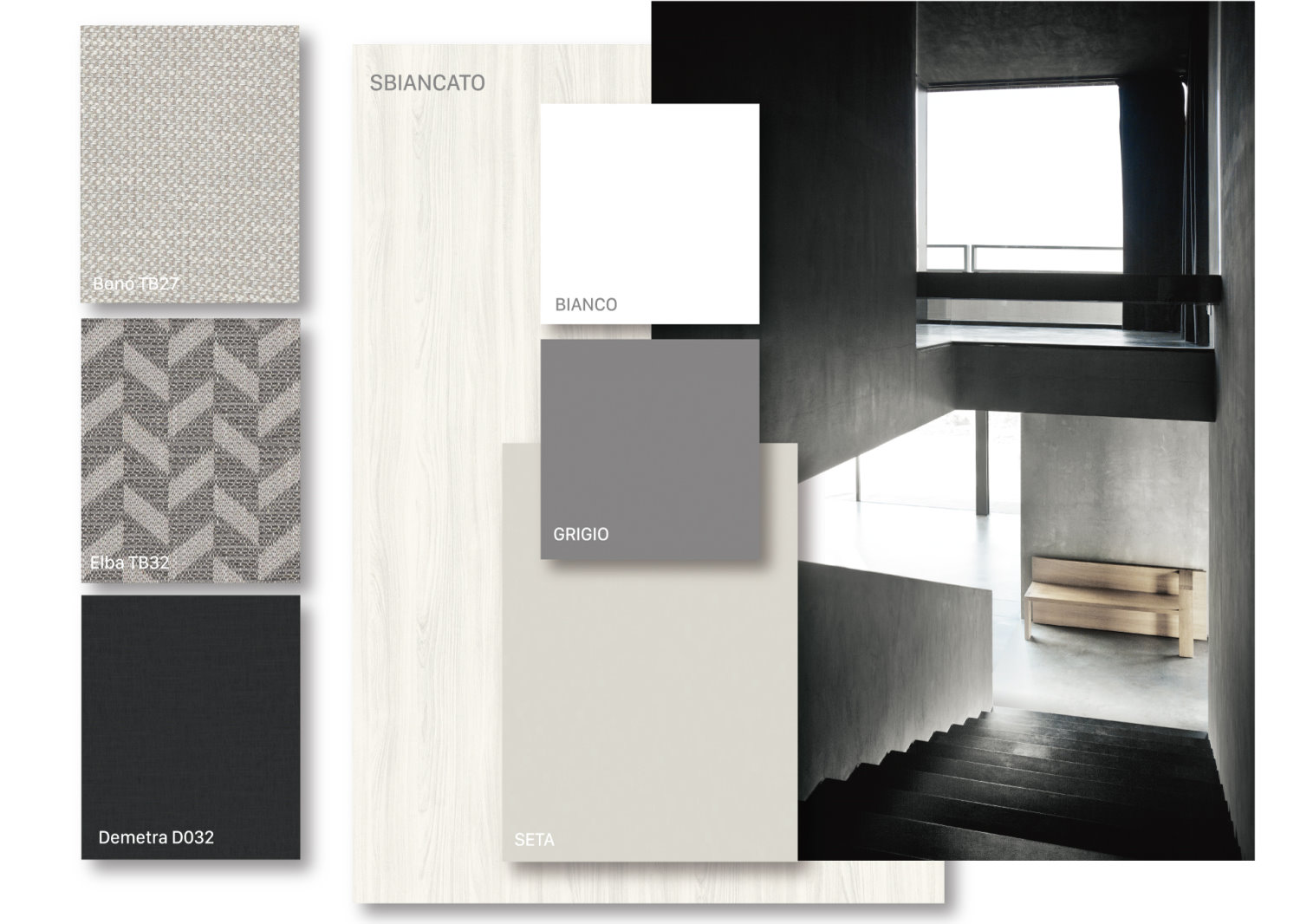 Classy Moodboard: bleached elm, silk, white and grey melamines, Bono, Elba and Demetra fabrics