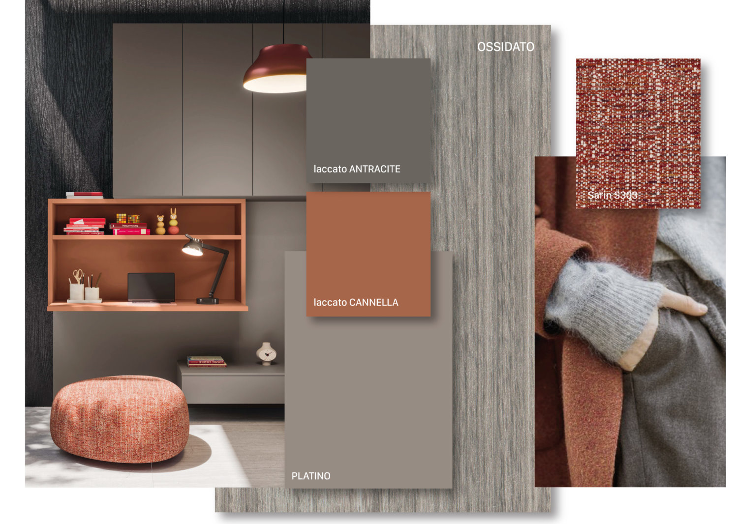 Trendy moodboard: oxidized and platinum melamines, anthracite and cinnamon lacquers, Sarin fabric