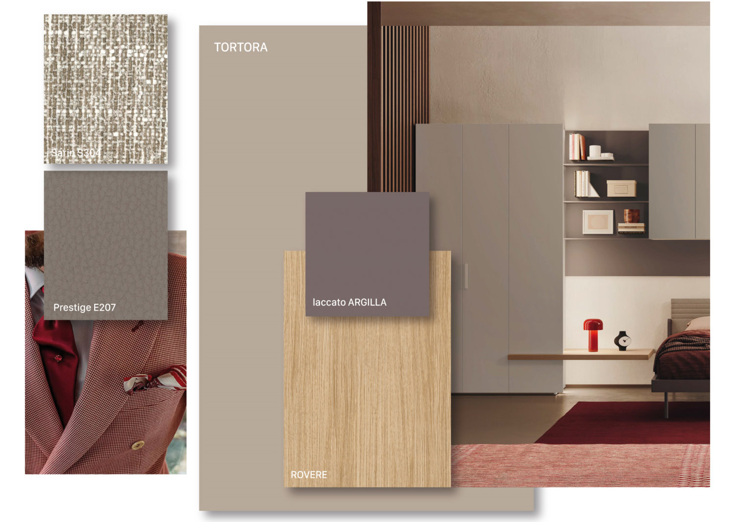 Refined moodboard: oak and dove grey melamines, clay lacquer, Sarin fabric and Prestige faux leather
