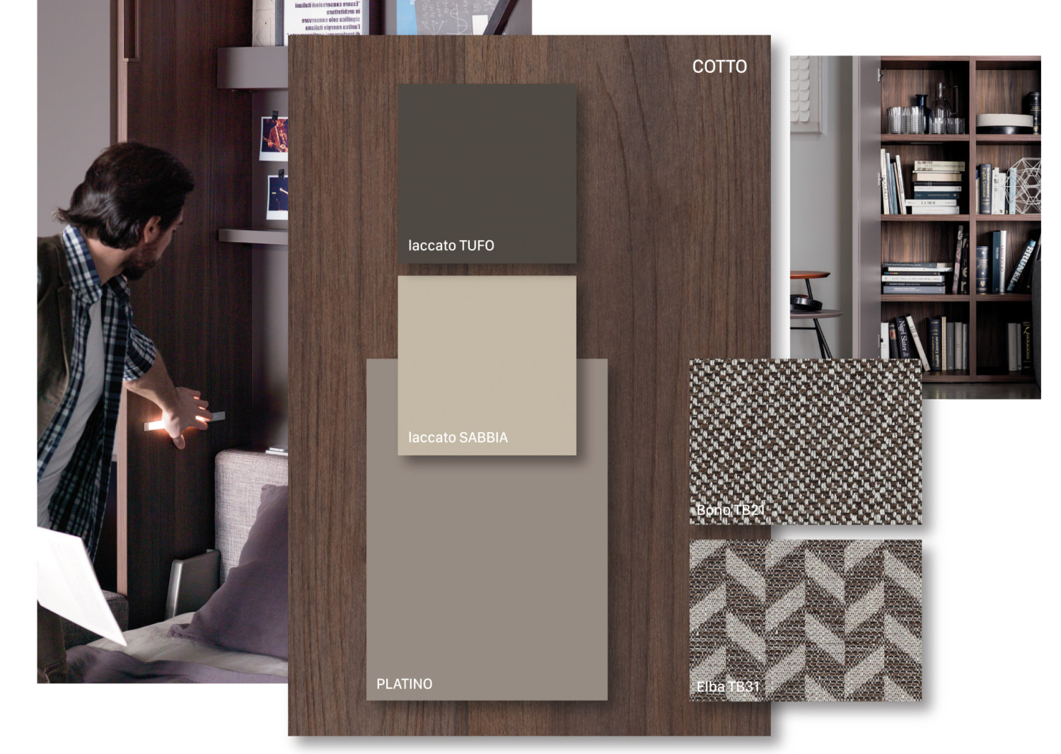 Confident moodboard: burnt and platinum melamines, tuff and sand lacquers, Bono and Elba fabrics