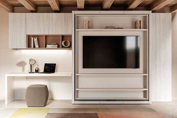 Mobile trasformabile con letto girevole e porta TV con mensole integrato
