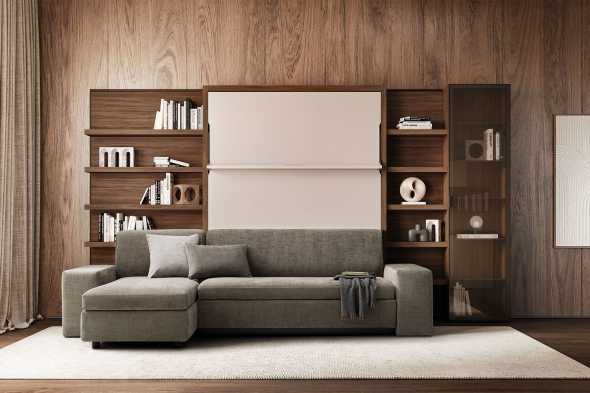 Letto a scomparsa con divano e libreria