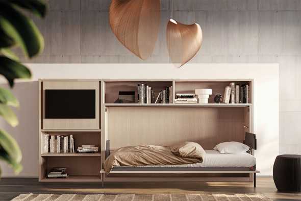 Letto singolo a scomparsa orizzontale con libreria a spalla e anta porta TV