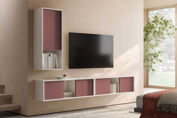 Parete attrezzata con TV appesa e mensole-casellario con anta e vano a giorno IM33 
