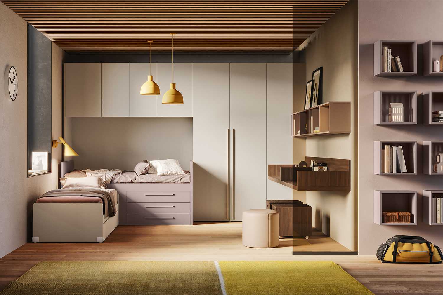 Space-saving bedroom set for two or three kids P21
