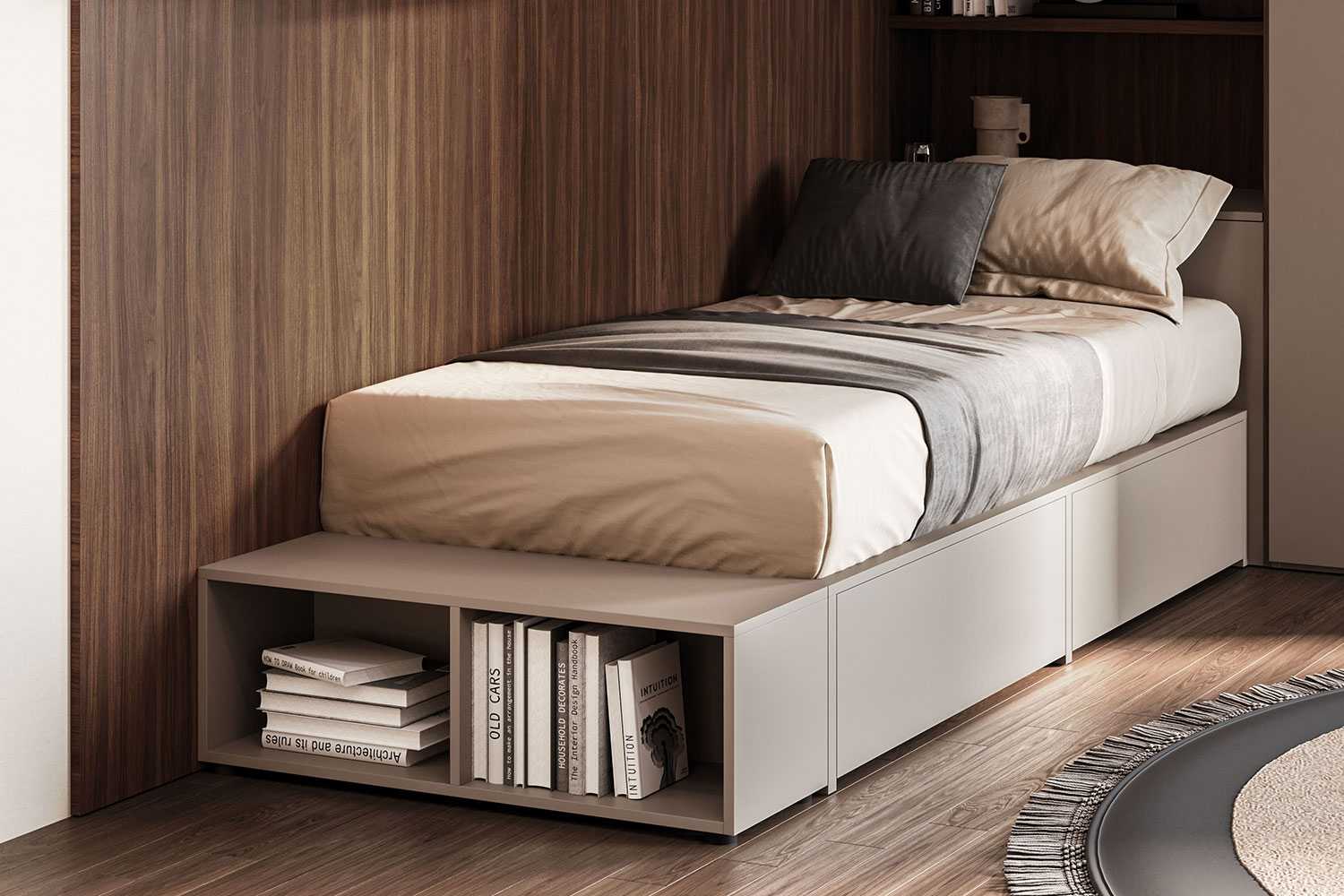Letto singolo con vani portaoggetti