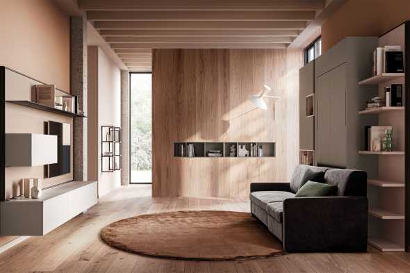 Monolocale con boiserie porta TV e letto a scomparsa con divano