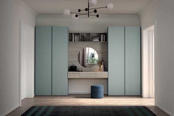 Composition with shallow entryway wardrobe and suspended console table W23_01
