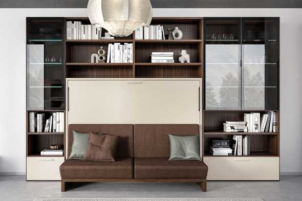 Letto a una piazza e mezza a scomparsa orizzontale con panca e libreria a ponte