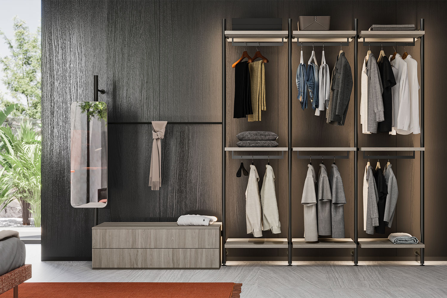 Cabina armadio a pali componibile con LED, specchio, mensole, cassetti