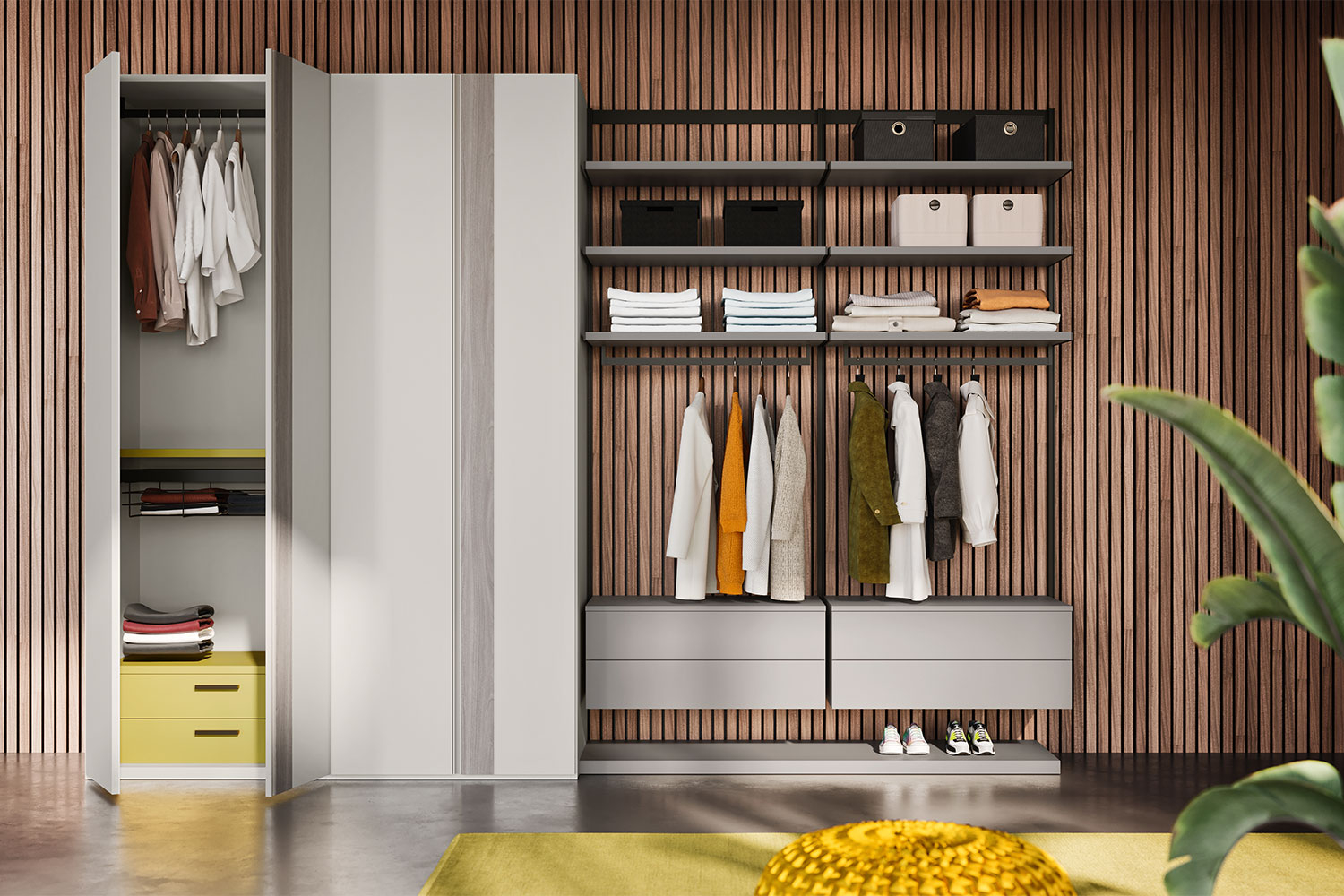 Guardaroba con armadio battente chiuso e cabina a cremagliera