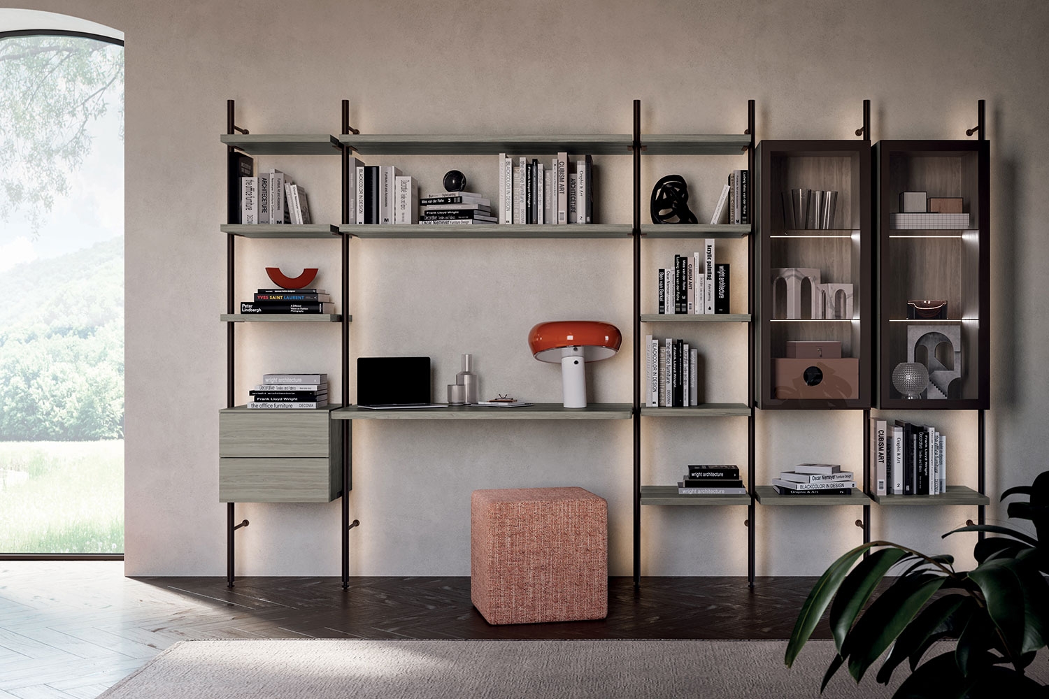 Cabina armadio a vista con ripiani, vetrine e scrittoio