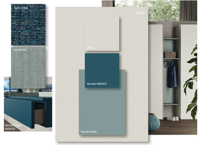 Moodboard di colori e materiali sui toni del grigio, dell'azzurro e del blu