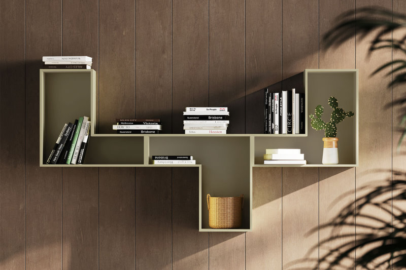 Composizione di mensole-casellari angolari color verde salvia