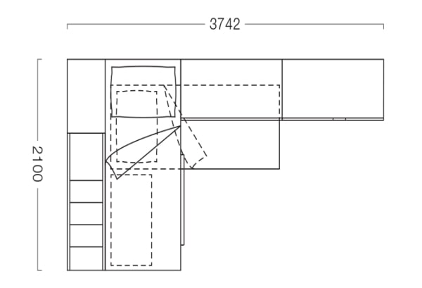 Piantina di cameretta con soppalco e armadio angolari S30