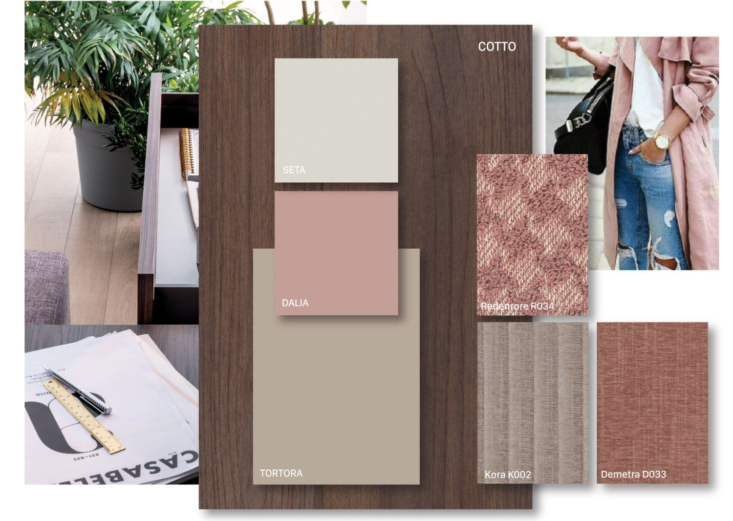 Moodboard di materiali sui toni di legno scuro, rosa e tortora