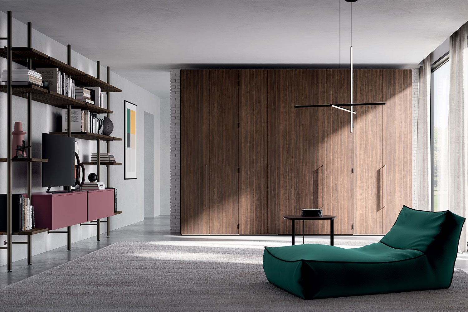 Soggiorno minimalista con cabina armadio a uso mobile TV