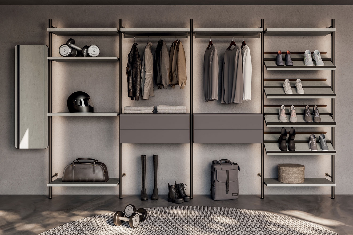 Cabina armadio con pali, ripiani e scarpiera