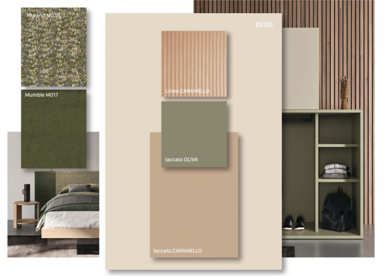 Moodboard di materiali ispirata alle finiture laccato caramello e oliva, melaminico beige e tessuti verdi