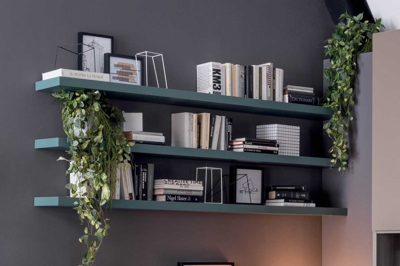 Set di tre mensole lineari colorate con libri, piante, suppellettili