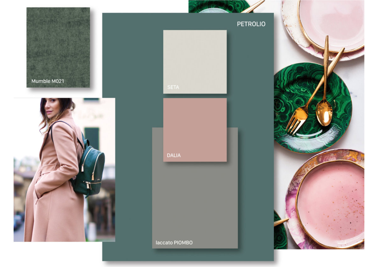 Moodboard di finiture sui toni del rosa, verde scuro e grigio seta