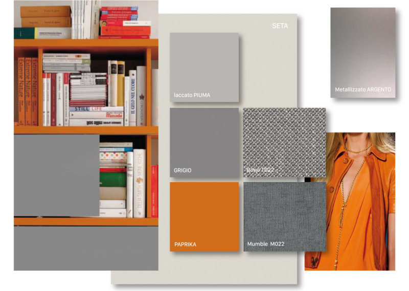 Moodboard di colori e materiali sui toni del grigio e dell'arancione