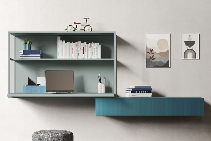 Composizione per angolo studio con scrittoio a parete e mensola-cassetto