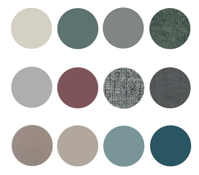 Moodboard di abbinamenti con grigio, verde 
