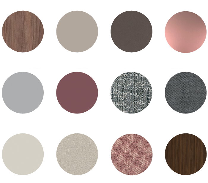 Collage di finiture e rivestimenti sui toni di rosa, legno, grigio