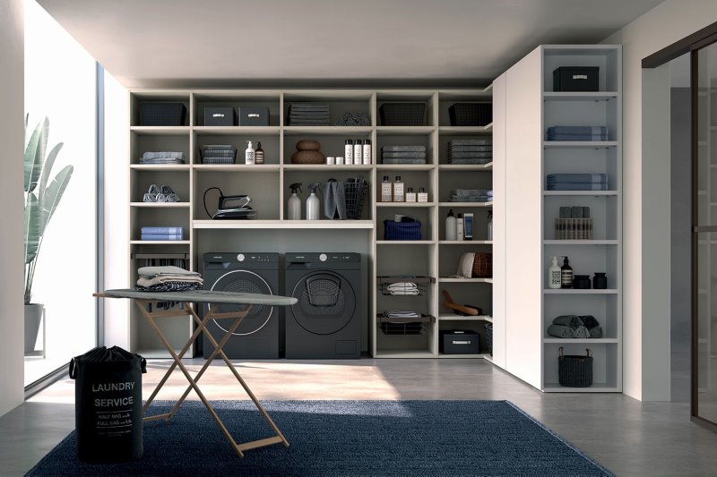 Mobile per lavanderia angolare con scaffali e armadio battente bianco