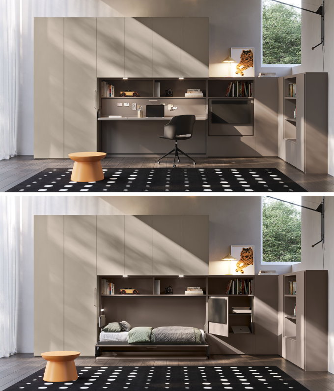 Collage di due immagini con mobile da soggiorno composto da letto a scomparsa, pannello TV orientabile e colonne contenitore
