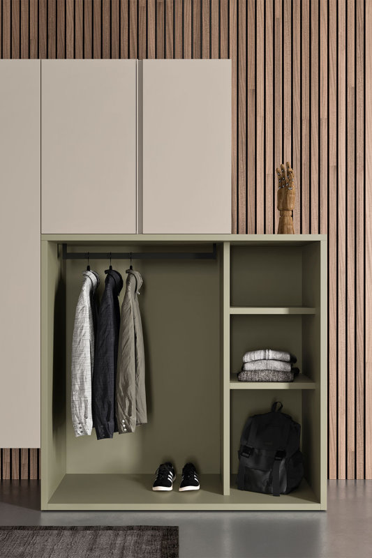 Cameretta componibile verde oliva, beige e caramello Start T03 di Clever