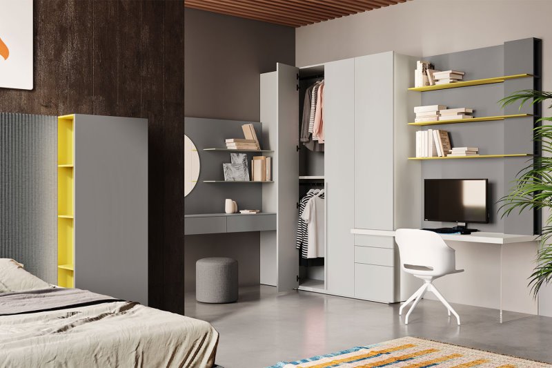 Cameretta componibile angolare grigia con angolo studio, armadio, toeletta