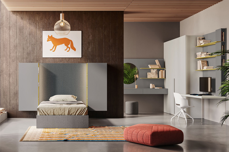 ampia cameretta grigia con letto contenitore, pouf e doppia scrivania