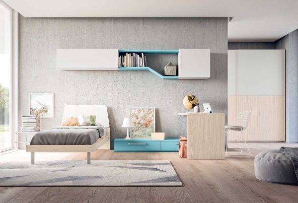 Girl's bedroom in white, blue and light wood