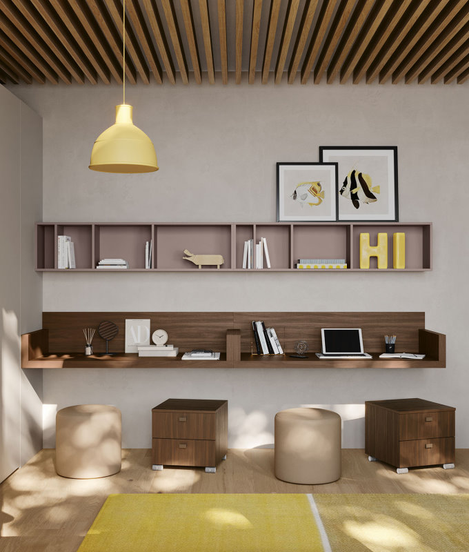 Angolo studio con scrivania doppia sospesa in legno e mensole contenitore rosa