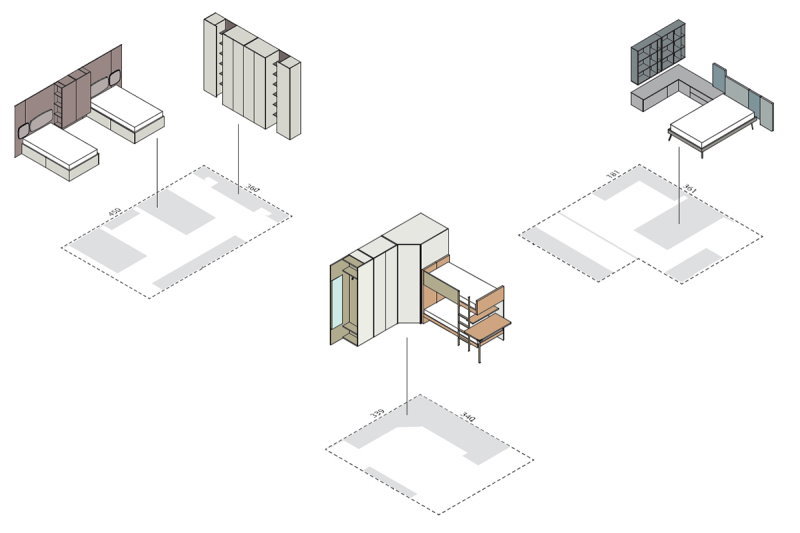 Esempi di piantine di camerette con letti orientati in direzioni diverse
