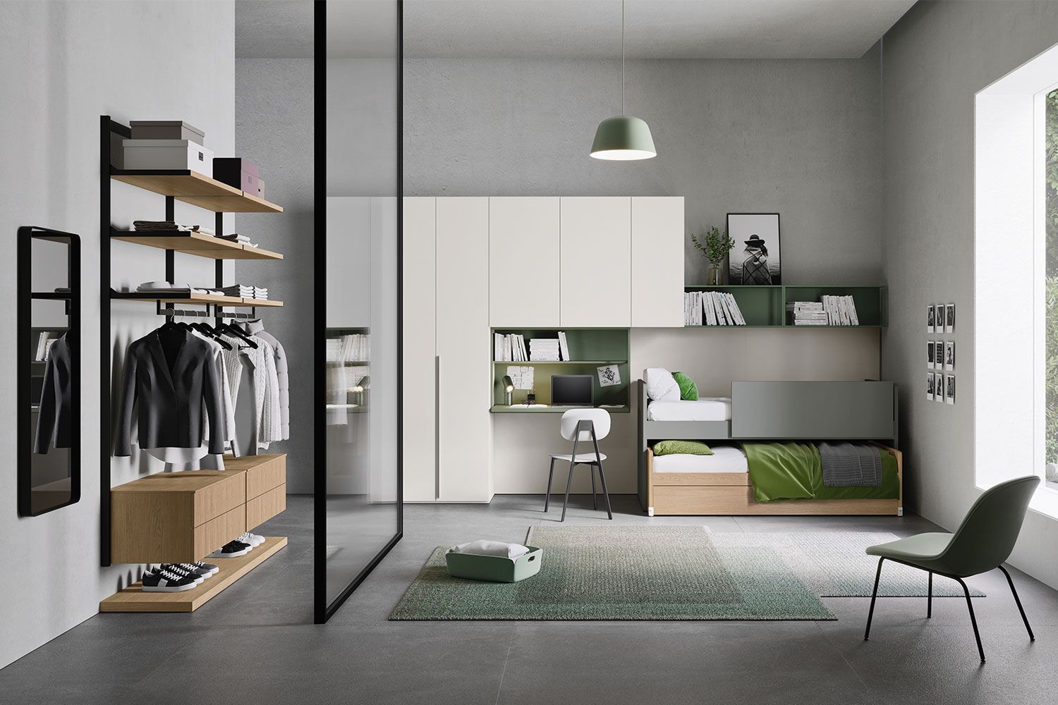 Cameretta che abbina stile industriale e minimalista