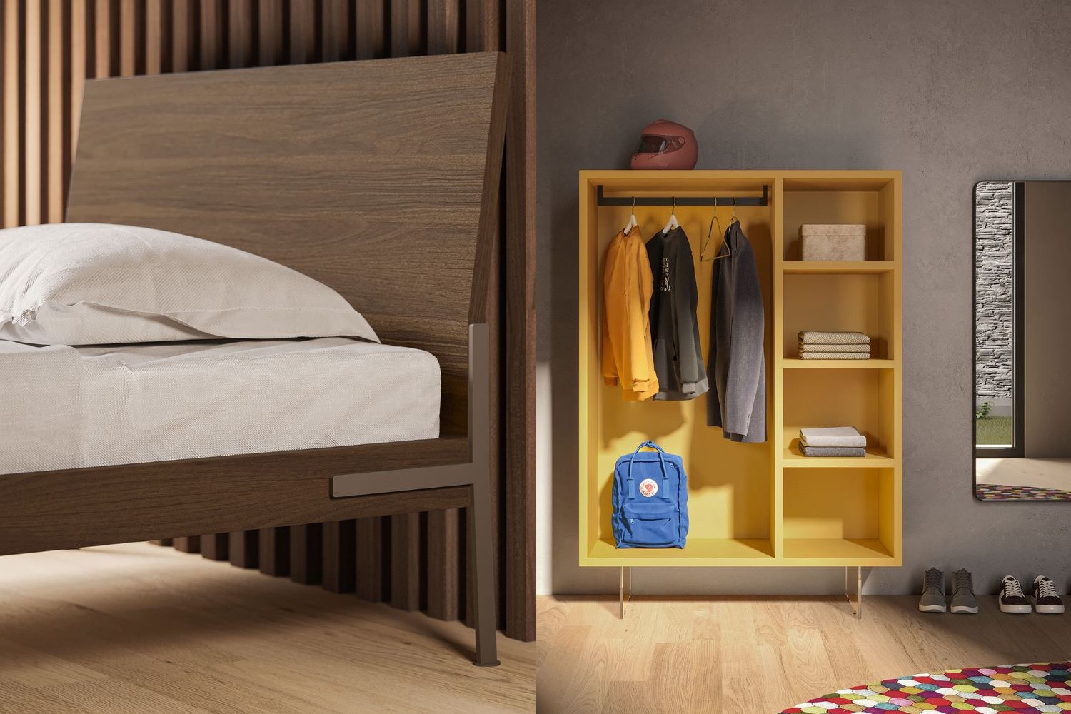 Abbinamento d'esempio: letto in legno e cabina armadio laccata gialla