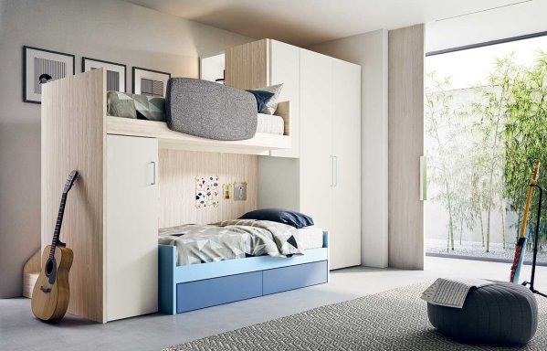 Wardrobe with integrated bunk bed for kids