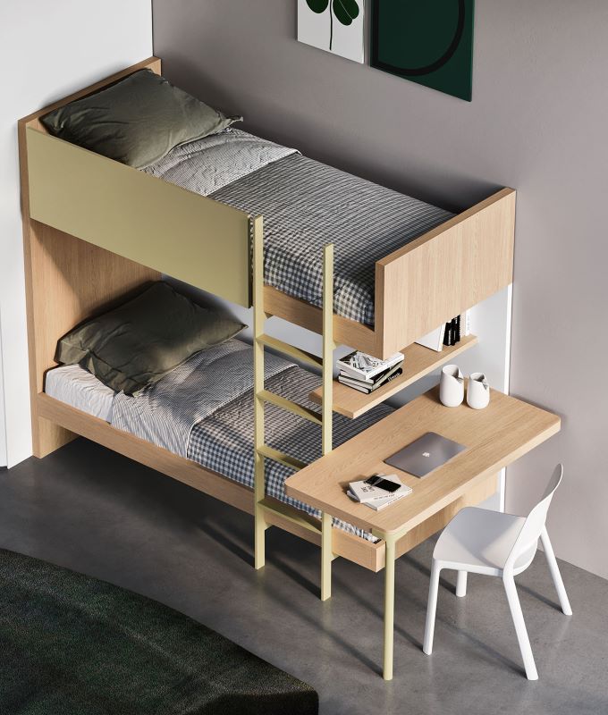 Letto a scastello minimal con scrivania in legno chiaro integrata