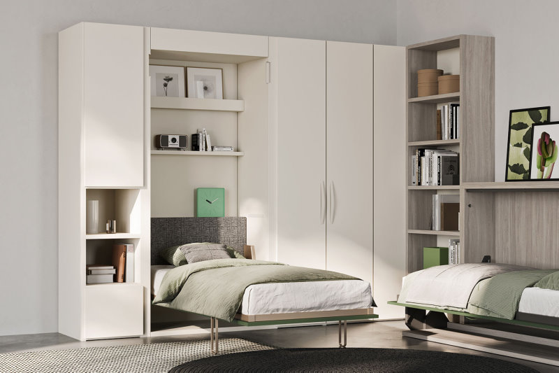 Composizione con letto a parete verticale, armadio e libreria