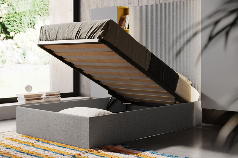 Cameretta con letto grigio con box contenitore ad alzata frontale