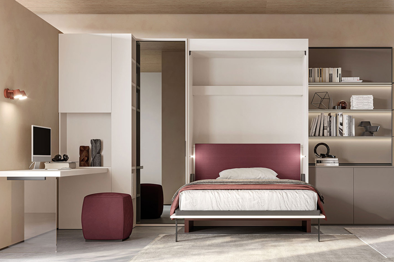 Letto a scomparsa verticale con armadio angolare e mensole