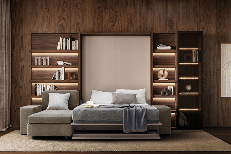 letto a scomparsa con divano e libreria