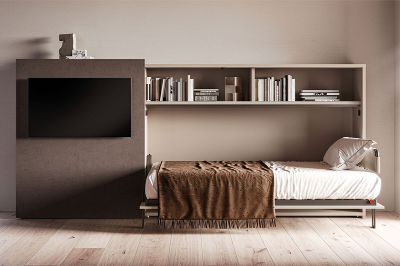 Letto singolo con libreria e porta TV