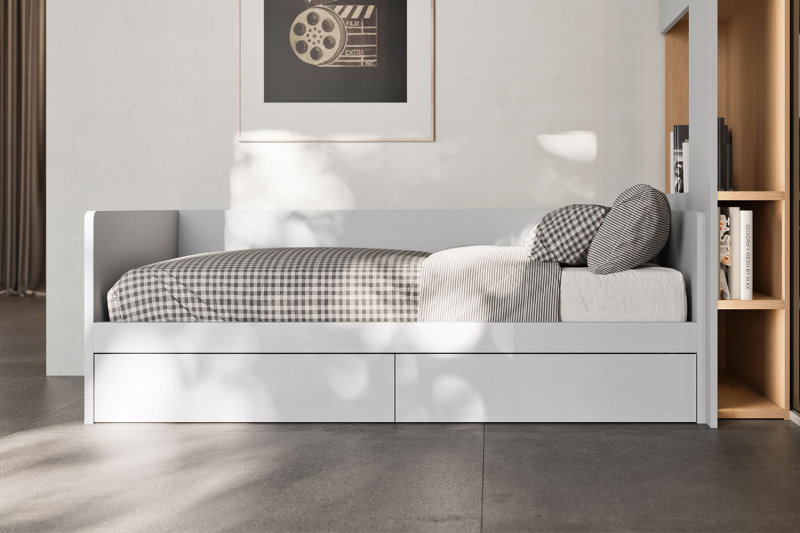 Struttura a forma di divano con posto letto singolo e cassetti