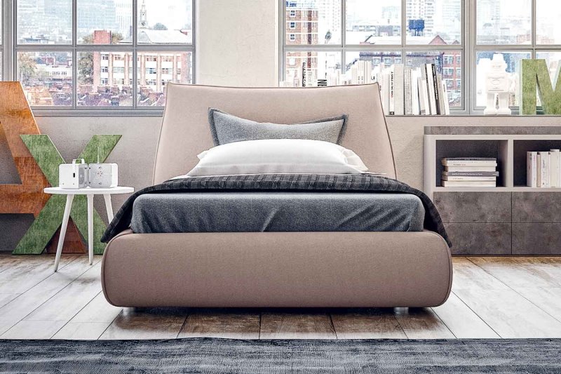 Letto singolo dal design moderno con giroletto e testiera imbottiti