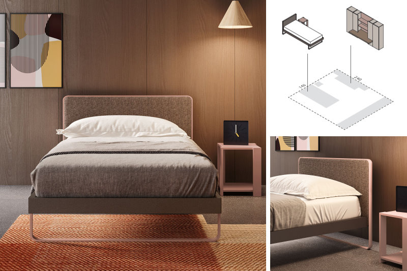 Collage di immagini con un letto singolo, il particolare della sua testiera e le dimensioni nella cameretta