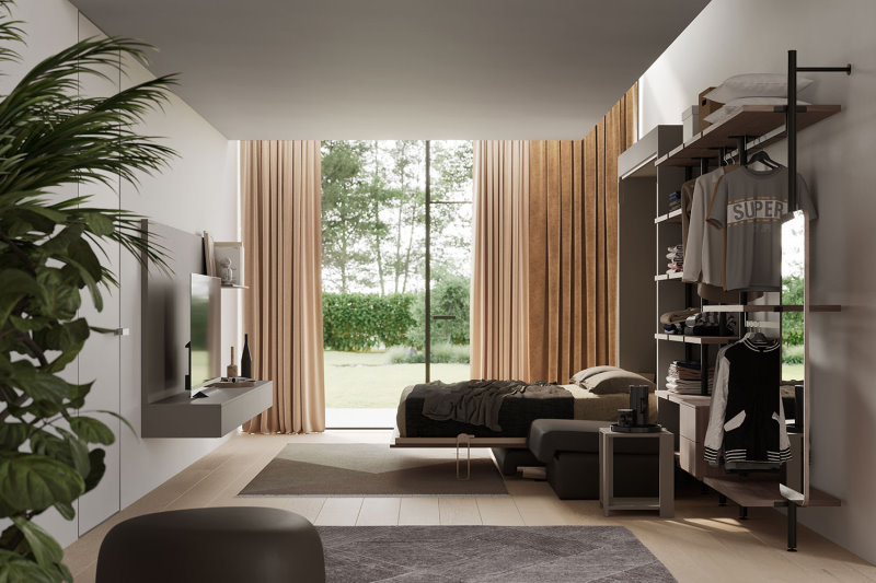 Monolocale moderno con cabina armadio a pali, letto richiubile e mobile TV sospeso a parete